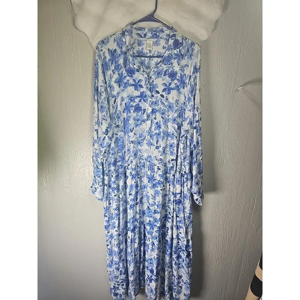 H&M Button Up Shirt Dress XL Blue Floral Oversized Lightweight Travel Summer - Picture 2 of 10